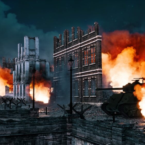 Urban battlefield scene with burning tank wrecks